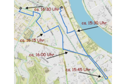 Karte mit Route der Kidical Mass. Die Tour beginnt an der Hofgartenwiese, führt über die B9 und den Pommes-Kreisel und endet am Spielplatz Baumschulwäldchen