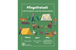 Ein Share-Pic mit den wichigsten Informationen zu dem Pfingscamp. Im Hintergrund ist eine grüne Wiese, Kinder und Zelte zu sehen.